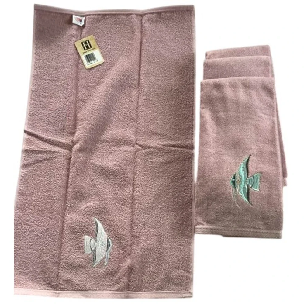 Vtg Towel Set 8 Pink Teal Angelfish Home Innovations Cozumel Bath Hand Fingertip